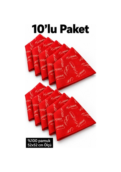 Herşeynota 10 Lu Atatürk İmzalı Kırmızı %100 Pamuk Fular 52x52 Cm Tören Etkinlik Gösteri Çok Renkli