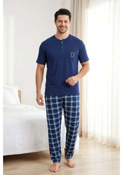 Mataş Erkek Lacivert Viskon Karışımlı Kısa Kollu Yazlık Soft Örme Pijama Takımı