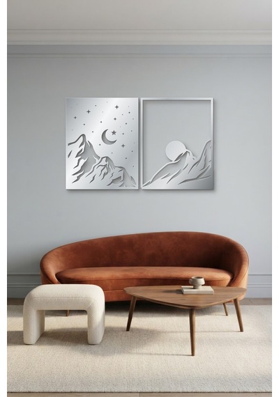 Gece Ve Gündüz 2'li Metal Duvar Tablosu - Duvar Sanatı - Duvar Dekoru - Gümüş