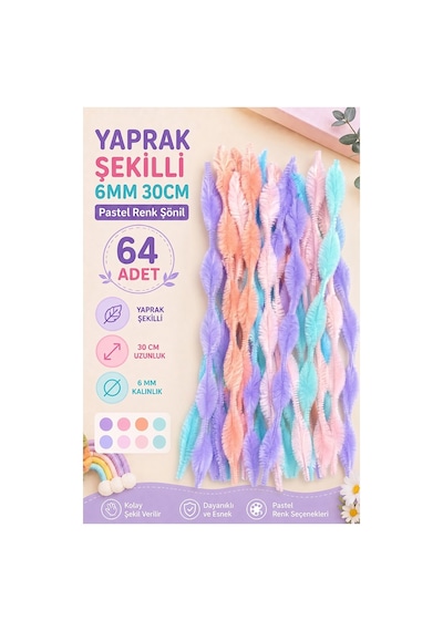 Pastel Renkli Yaprak Şekilli Şönil 30 Cm 6mm 64 Adet Karışık Pastel Renkler Tüylü Peluş Elişi Hobi Okul Öncesi Kreş