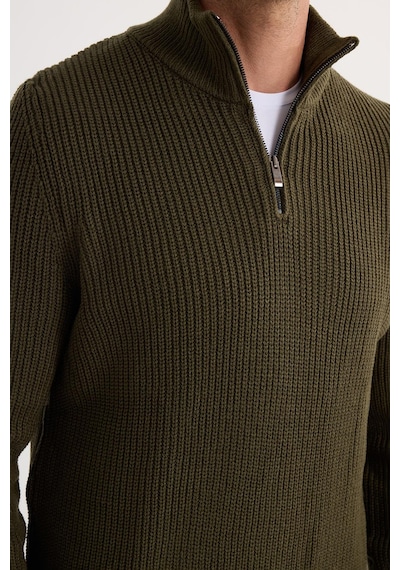 Tudors Erkek Slim Fit Dar Kesim Fermuarlı Haki Dik Yaka Triko Kazak-34923 Haki