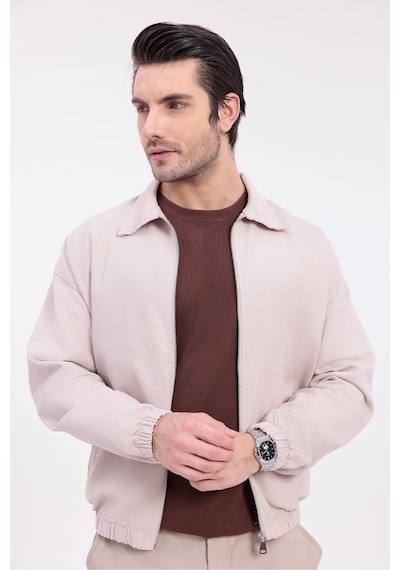 Erkek Gabardin Kumaş Fermuarlı Oversize Mevsimlik Ceket-144 Bej