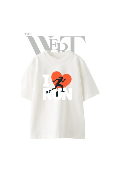 Thewert Runner Heart Tasarım Baskılı Ünisex Beyaz Oversize T-shirt