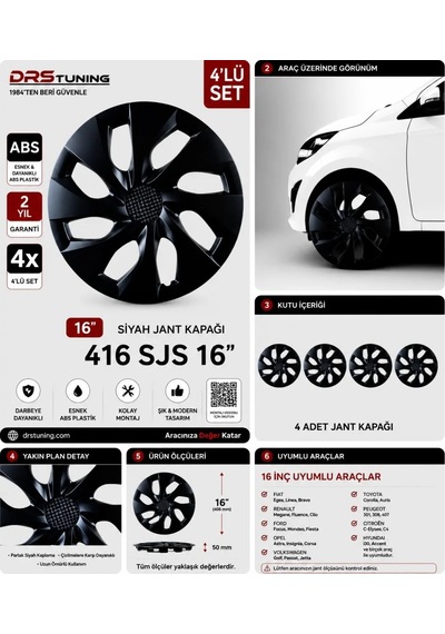 Volkswagen Uyumlu 16 Inç Kırılmaz Parlak Siyah Jant Kapağı 1 Takım 4 Adet No:416