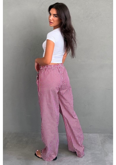 Madmext Bordo Beli Ayarlanabilir Çizgili Cepli Bol Paça Kadın Pantolon Mg2312