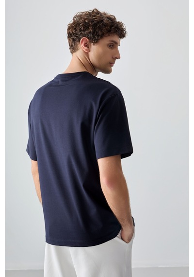 Air Jones Tommy Life Lacivert Pamuklu Kalın Yumuşak Dokulu Oversize Fit Baskılı Erkek T-shirt - 88375 Lacivert