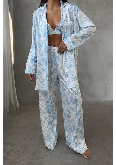 Mavi Kuş Dijital Baskılı Uzun Saten Üçlü Pijama L Beyaz - Açık Mavi