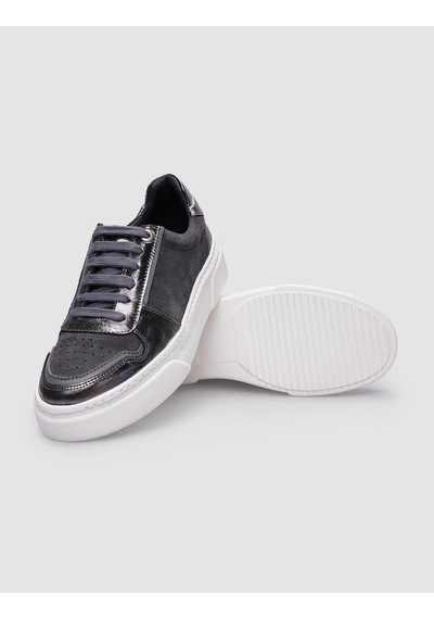 %100 Hakiki Deri Gri Bağcıklı Kadın Sneaker Gri