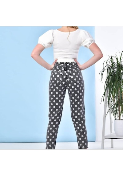 2006-pua Kadın Likrasız Puantiyeli Mom Jeans Kot Denim Pantolon Siyah
