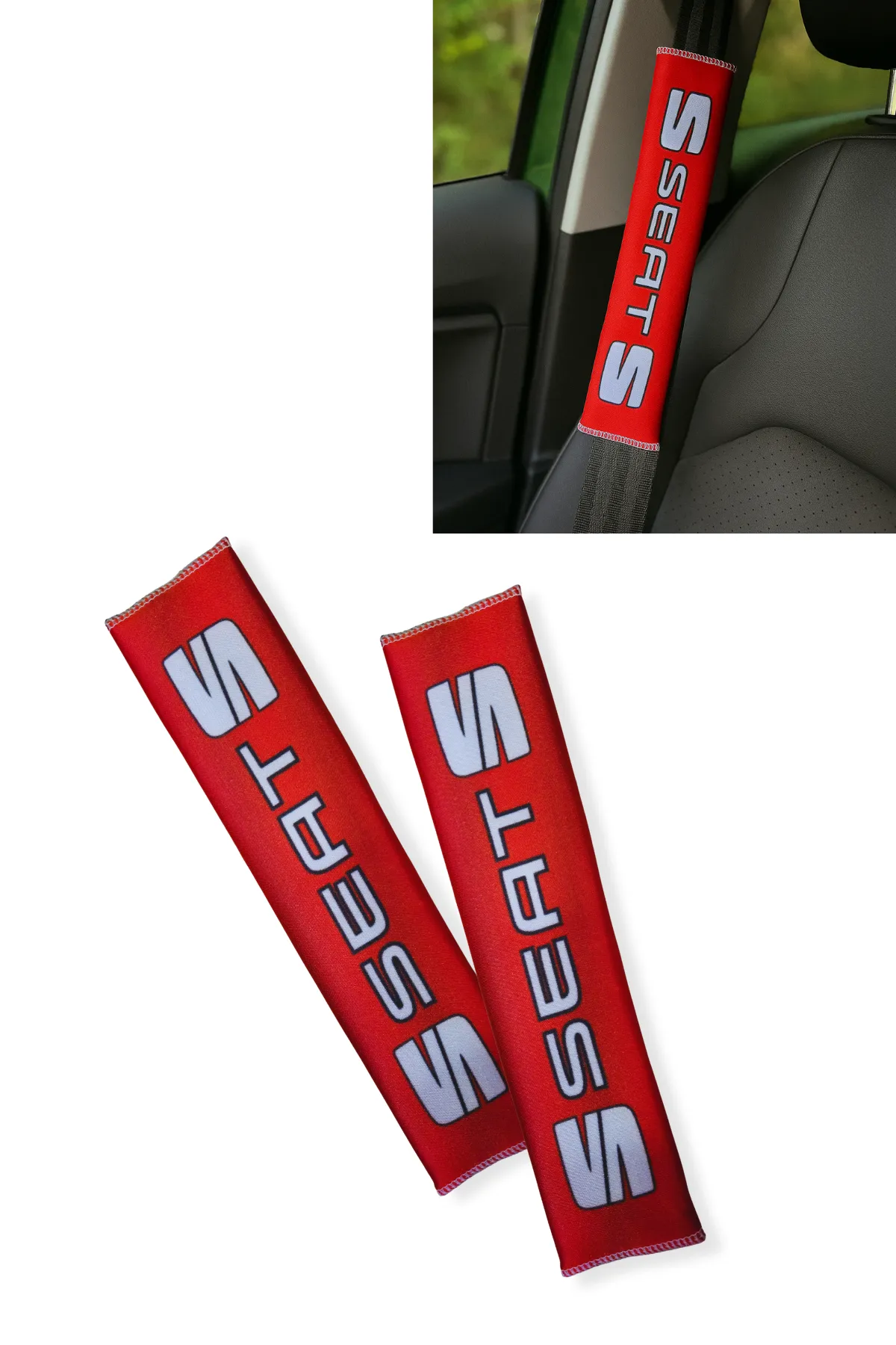 Seat Dijital Baskılı Kırmızı Araç Emniyet Kemer Pedi / 2 Li Set Şık Ve Konforlu Seyahat Aksesuarı