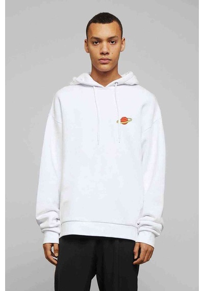 Saturn Göğüs Baskılı Beyaz Erkek Örme Kapşonlu Sweatshirt