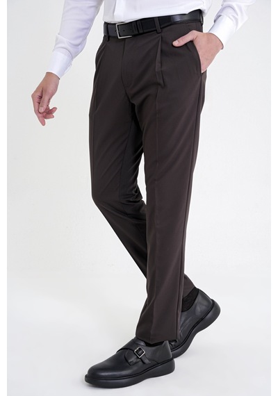 Comfort Fit Yan Cep Esnek Pamuklu Gabardin Tek Pileli Kahverengi Pantolon P 1211