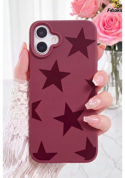 Fibaks iPhone 16 Uyumlu Kılıf Bordo Yıldız Star Desenli Silikon Darbe Emici Klasik Silikon Kapak