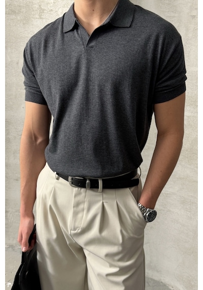Erkek Oversize Pamuklu Polo Yaka Triko T-shirt Antrasit