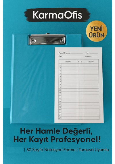Satranç Notasyonlu Sekreterlik Seti 17x24 Cm 50 Sayfa Hamle Kayıt Formu Turkuaz