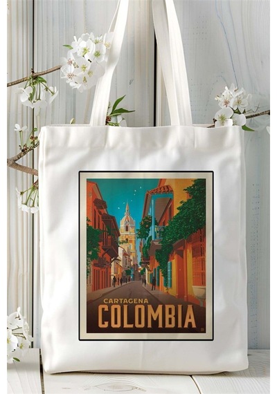Art Hediye Colombia Baskılı Bez Çanta Omuz Çantası Kişiye Özel Desen Çok Renkli