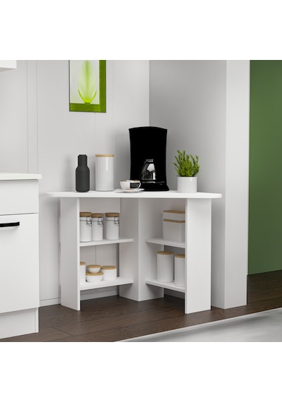 Corner Kahve Köşesi Çok Amaçlı Raflı Mutfak Masası, Beyaz Beyaz