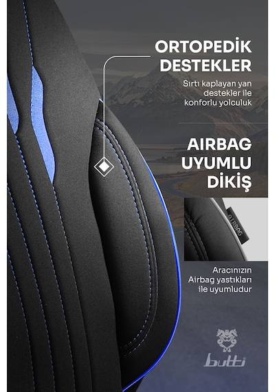 Siyah - Mavi Buttı Talos Serisi Premium Oto Koltuk Kılıfı Ortopedik Destekli, Ön Arka Tam Set, Aırbag Uyumlu