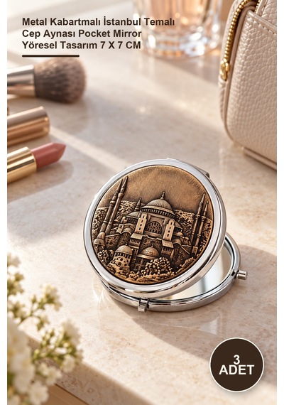 3 Adet El Aynası Metal Kabartmalı İstanbul Temalı Cep Aynası Pocket Mirror Yöresel Tasarım 7 X 7 Cm Altın