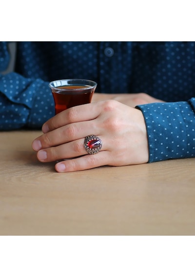 Kırmızı Zirkon Taşlı Oval Tasarım 925 Ayar Gümüş Erkek Yüzük (425077355)