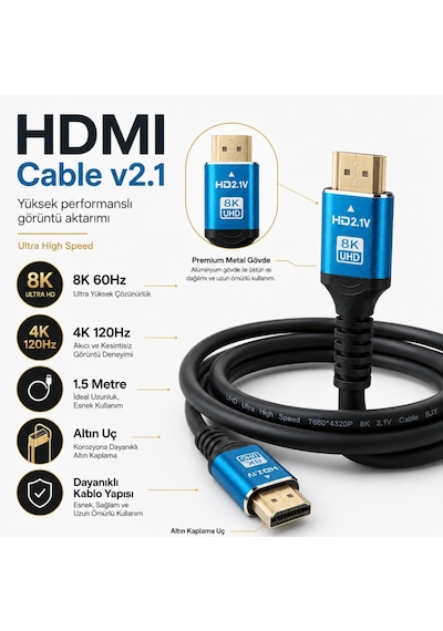 6060 8k Ultra Hd 2.1v 48gbps Hdmi Kablo 1.5 Metre Altın Kaplama Led Tv