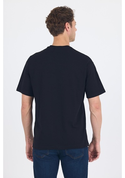 Siyah Kısa Kol Bisiklet Yaka Kapaklı Cep Pamuk Casual Oversize Tişört 1011250131 Siyah