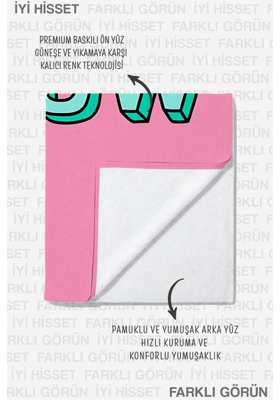 Yazılı Motto Pembe Plaj Havlusu - Modern Tipografik Turkuaz Yıldızlı Hızlı Kuruyan Mikrofiber Havlu Eski Tınısı