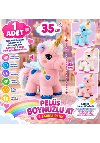 35 Cm Dört Ayaklı Peluş Boynuzlu At Unicorn Yumuşak Kanatlı 1 Adet Çok Renkli