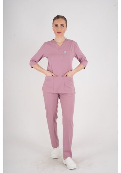 Unisex Pudra Violet Model Scrubs Takım Doktor Hemşire Üniforması Pudra