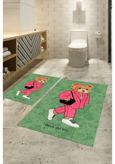 Buççin Online Mağaza Dijital Baskılı Kaymaz Taban Yıkanabilir İkili Banyo Takımı Klozet Takımı Polyester Yeşil Çok Renkli