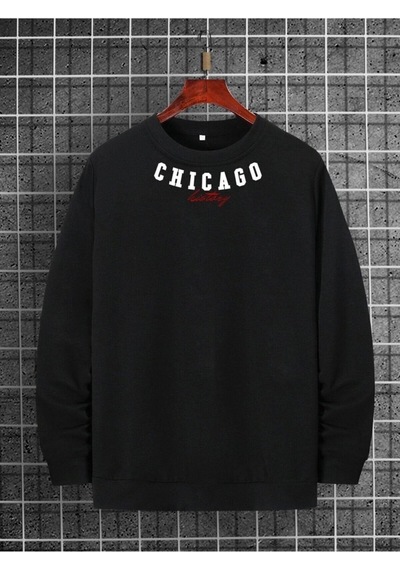 Erkek Yaka Chıcago Baskılı Oversize Sweatshirt Siyah