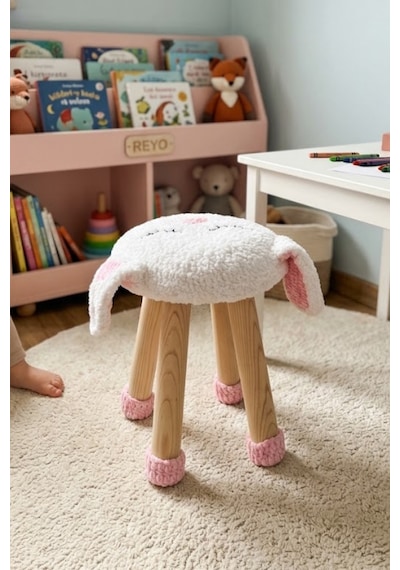 Reyo Hayvan Figürlü Ahşap Amigurumi Çocuk Taburesi Tavşan Beyaz