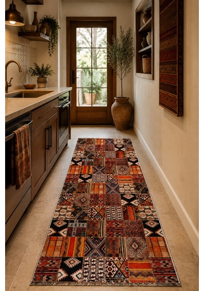 Patchwork Kilim Desenli Bohem Etnik Halı Turuncu Siyah 3046