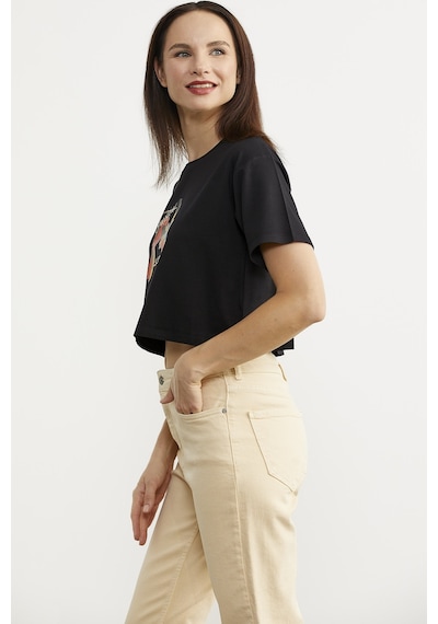 Oversize Baskılı Crop Tişört - Siyah Çok Renkli