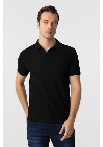 Süvari Regular Waffle Kumaş V Patlı Polo Yaka Nefes Alabilen T-shirt Siyah