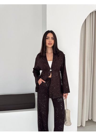 Kadın Simli Uzun Kol Modal Kumaş Kimono Pantolon İkili Takım Şık Ve Rahat Kadın Takım Kahverengi Kadın Simli Uzun Kol Modal Kumaş Kimono Pantolon İkili Takım Şık Ve Rahat Kadın Takım Kahverengi