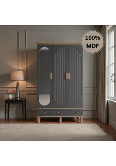 Comiet Sally 3 Kapaklı Aynalı Çekmeceli Mdf Gardırop Antrasit