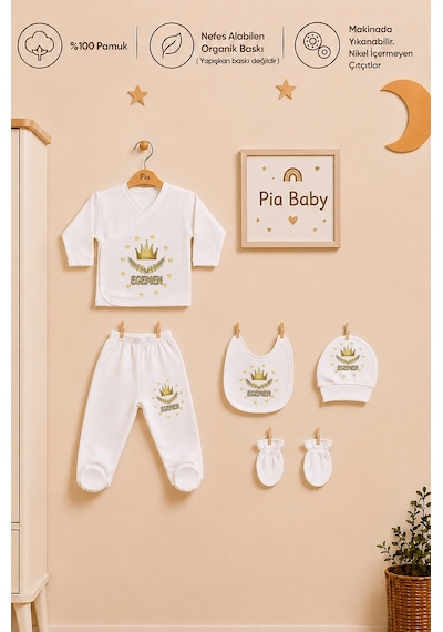 Pia Baby Kişiye Özel %100 Pamuk Erkek Bebek Zıbın Seti 5 Parça Patikli Pantolon Şapka Önlük Eldiven 2053z0x Krem