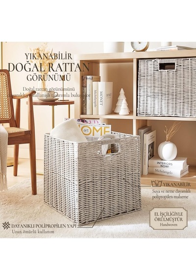 Yıkanabilir Gri Pp Rattan Sepet 33 X 33 X 33 Cm