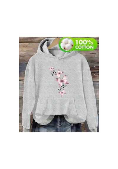 Herkesemoda Uçuşan Kelebekler Baskı Detaylı Kapüşonlu Sweatshırt Gri Gri