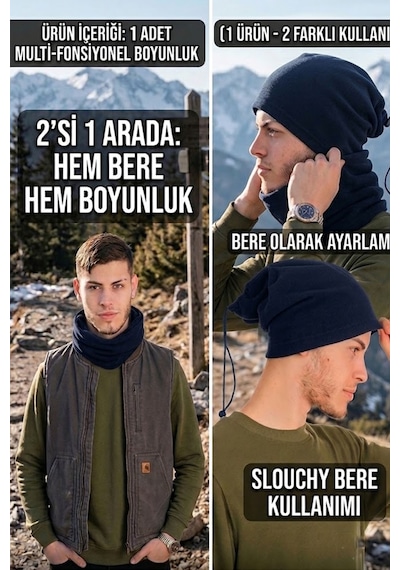 Ritagarcia Erkek Polar Boyunluk Bere 2'si 1 Arada İpli Ayarlanabilir Çok Amaçlı Kışlık Boyunluk Bere Lacivert