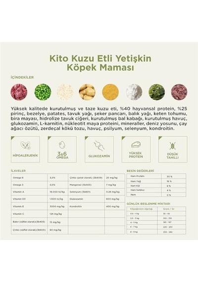 Kito Doğal Besi Kuzu Etli Yetişkin Köpek Sı 15 Kg 100 G