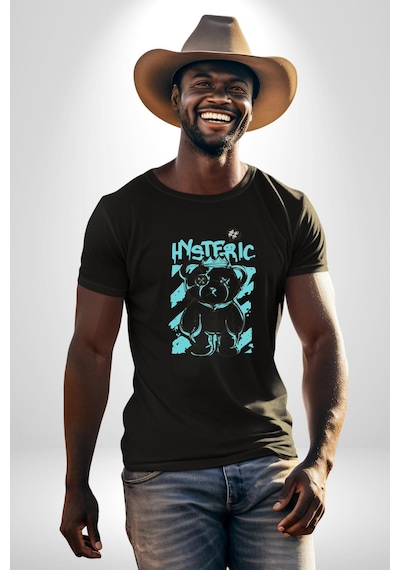 Histerik Unisex Unisex Siyah Organik Baskılı T-shirt Penye Yüksek Kalite Siyah