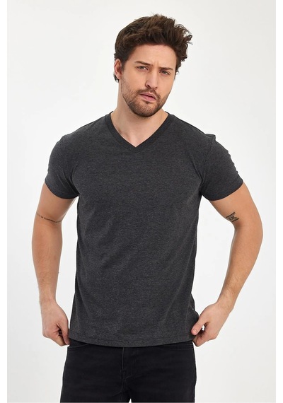 Erkek Compact Penye V Yaka T-shirt Antrasit