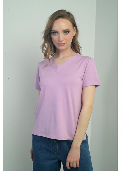 By Saygı Kadın V Yaka Yırtmaçlı Kısa Kol Bluz-40793 LILA By Saygı Kadın V Yaka Yırtmaçlı Kısa Kol Bluz-40793 LILA