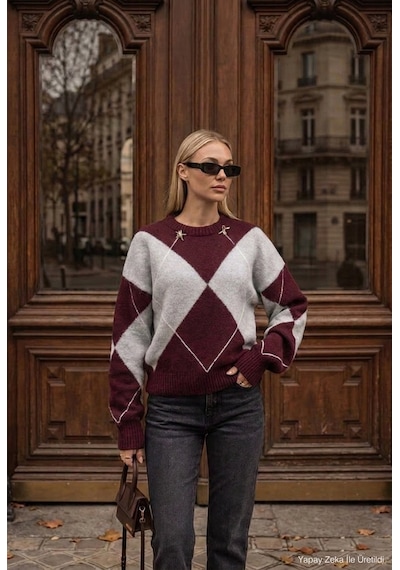 Kadın Bordo Gri W6-35 Oversize Baklava Desenli Aksesuar Detaylı Tasarım Triko Kazak