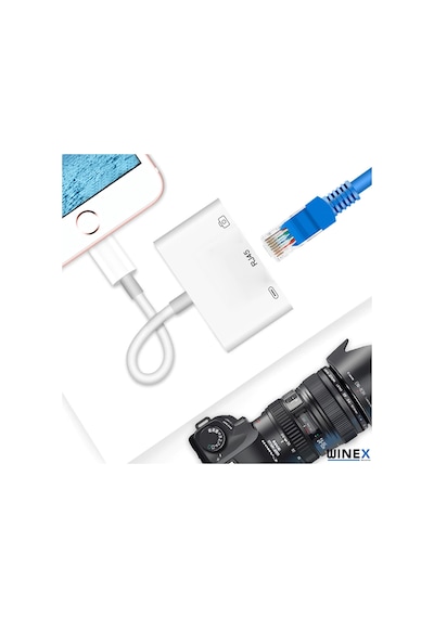 Winex 3in1 Lightning to RJ45 + UsbA + Lightning Şarj Girişli Dönüştürücü Adaptör