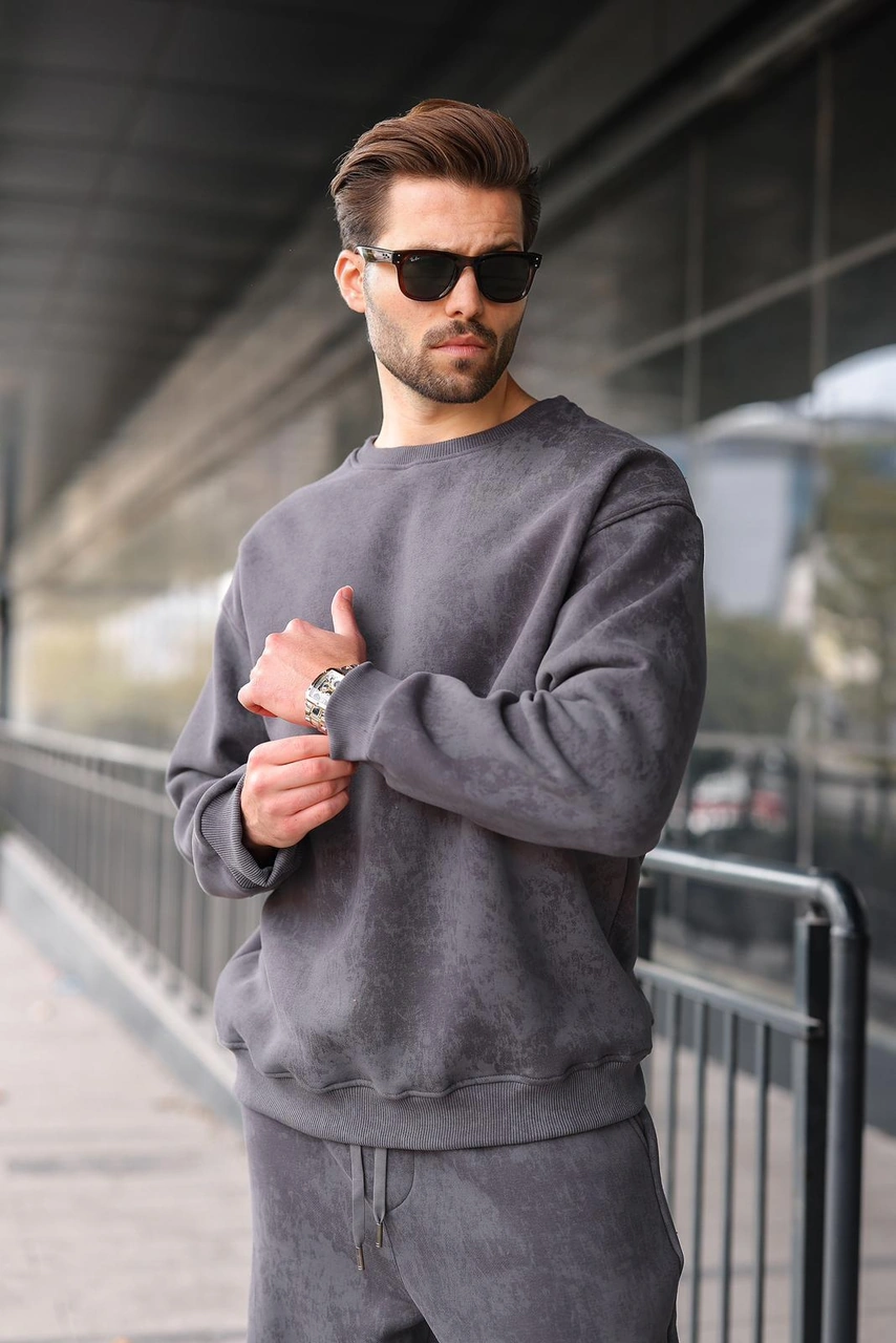 Madmext Füme Bisiklet Yaka Batik Desenli Erkek Sweatshirt Pantolon Takım E7344 Füme