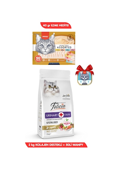 3lü Set: Hipoalerjenik Somonlu Kısır Kedi Maması 2kg + 50x14gr Wanpy Krema Kedi Ödülü Ezme Hediyeli