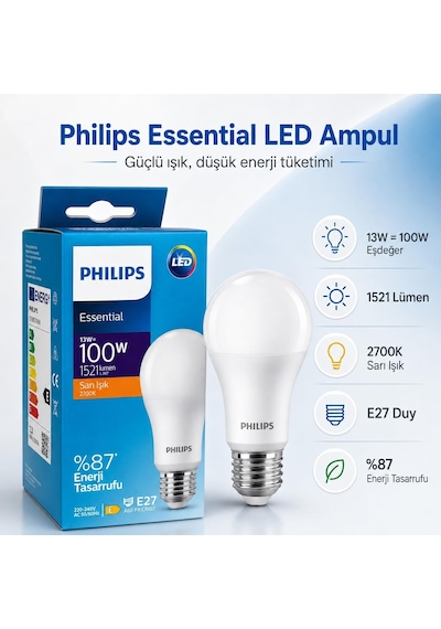 Essential Led Ampul 13w 100w Eşdeğer, E27 Duy, 2700k Sarı Işık, 1521 Lümen, Enerji Tasarruflu Led Aydınlatma Dim Diğer